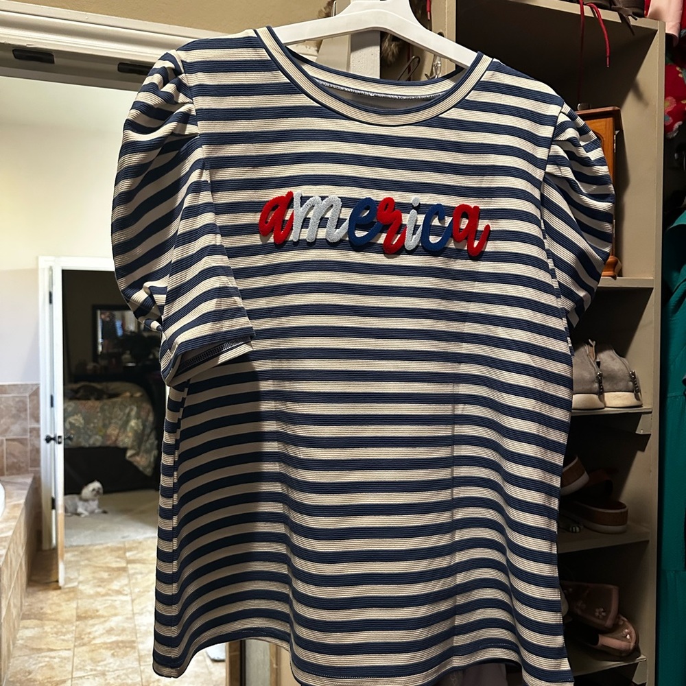 Women’s Blue & White Striped 'America' Puff Sleeve Top
